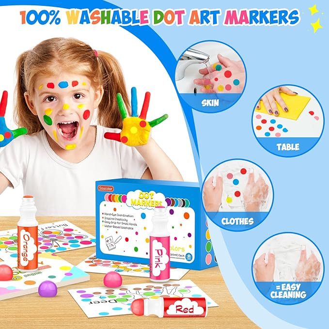 Soucolor 32-Pack Washable Dot Markers for Kids & Toddlers | 8 Vibrant Colors | Non-Toxic Bingo Daubers | Preschool Arts & Crafts, Classroom Supplies | Paint Dabbers for Endless Creative Fun