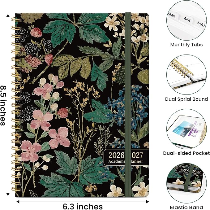 Planner 2026-2027, Hardcover Monthly and Weekly Academic Planner July 2026 - June 2027, Teacher and Student Calendar Agenda Book with Tabs, A5 (6.3" x 8.5"), Ideal for School and Office, Forest Botanica
