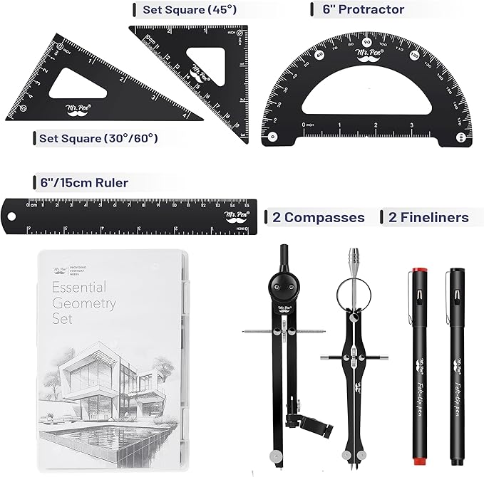 Mr. Pen- Professional Geometry Set, 15 pcs, Drafting Tools with Protractor, Compass, Metal Ruler, Triangles, Pens & Pencils, Complete Geometry & Drafting Kit for Architects, Engineers & Students