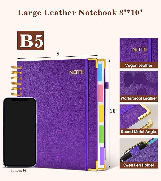 Hardcover Large Spiral Notebook journal with Removable Dividers Tabs, 300 pages Leather 5 Subject Notebook College Ruled, 8" x 10"Journal for Women Men, Notebooks for Work School Note taking,B5 Purple