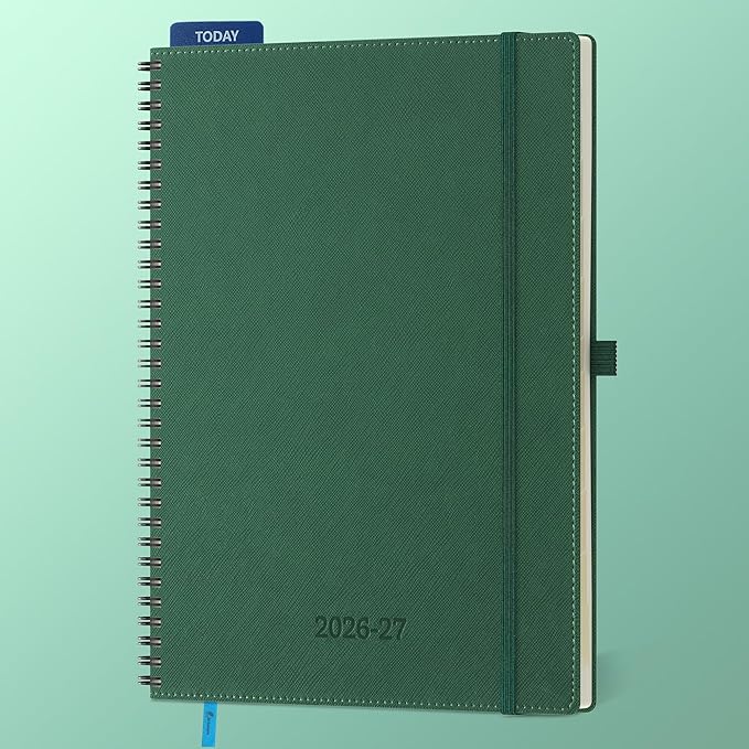 Planner 2026-2027 Daily Weekly and Monthly,11.5"x8.5",18 Months Spiral Bound Calendar Agenda with Self-adhesive Pen Holder,2026 Academic Plan with Vegan Leather Soft Cover,Green