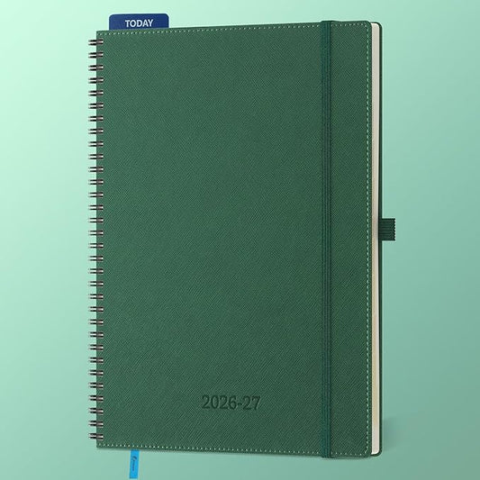 Planner 2026-2027 Daily Weekly and Monthly,11.5"x8.5",18 Months Spiral Bound Calendar Agenda with Self-adhesive Pen Holder,2026 Academic Plan with Vegan Leather Soft Cover,Green