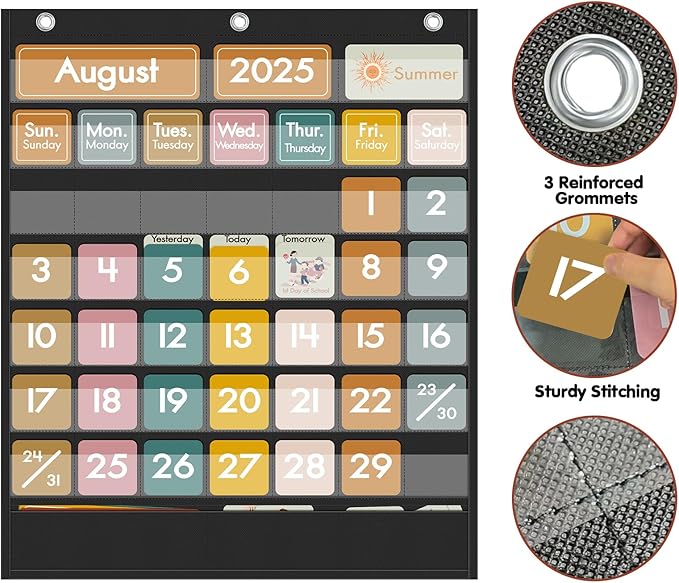 48 Pockets Classroom Calendar for Kids Learning, Pocket Chart Calendar Decor with Special Educational Cards, Teacher and Classroom Must Have Supplies, Boho