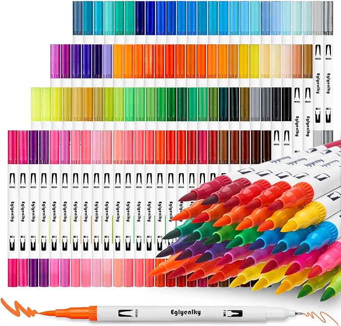 Eglyenlky Markers for Coloring Book Adults Relaxation, Dual Tip Brush Pens with 100 Watercolor Fine Tip Markers and Brush Pens for Kids Coloring