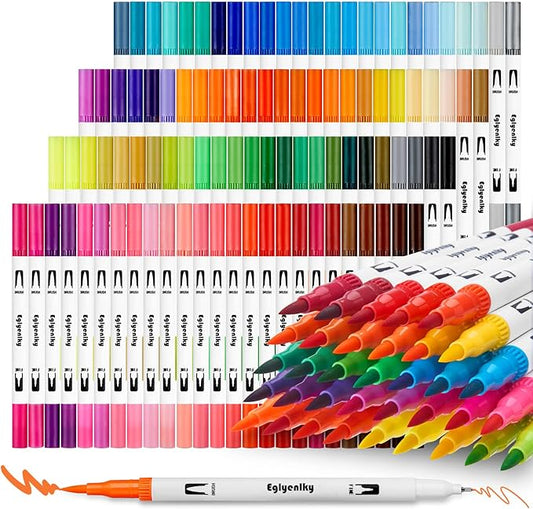 Eglyenlky Markers for Coloring Book Adults Relaxation, Dual Tip Brush Pens with 100 Watercolor Fine Tip Markers and Brush Pens for Kids Coloring