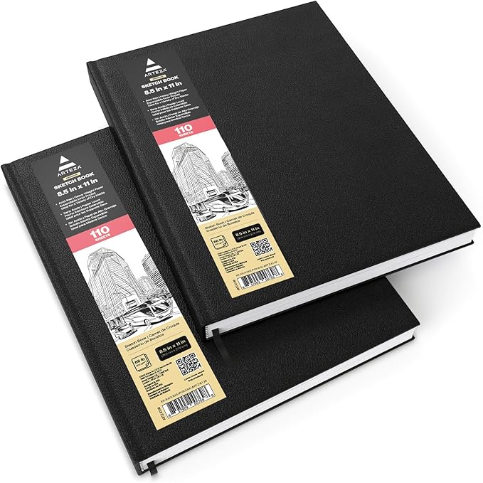 ARTEZA Hardcover Sketchbooks, 2 Pack, 8.5 x 11 in, 110 Sheets Each, 68 lb / 100 GSM Acid-Free Drawing Paper with Ribbon Bookmarks and Inner Pockets for Sketching and Journaling