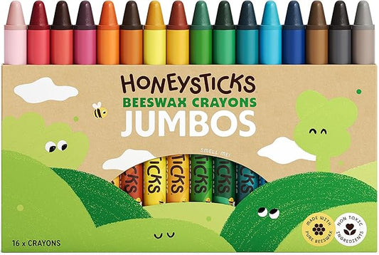 Honeysticks Jumbo Crayons (16 Pack) - Non Toxic Crayons - 100% Pure Beeswax and Food Grade Colors - 16 Bright Colors - Large, Easy to Hold and Use - Preschool Art Supplies for Toddlers/Kids 3-5, 4-8