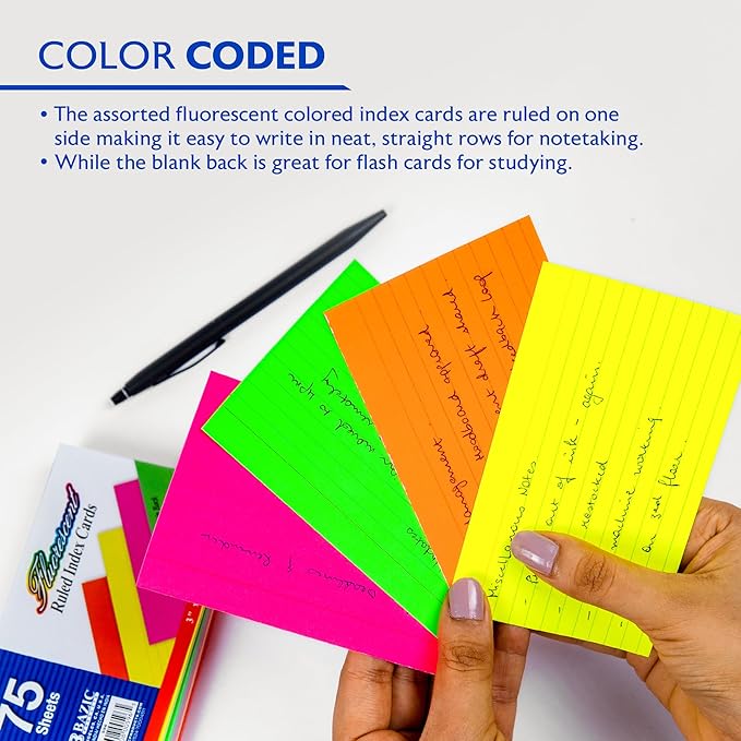 BAZIC 75 Count 3" X 5" Ruled Fluorescent Colored Index Card (596)