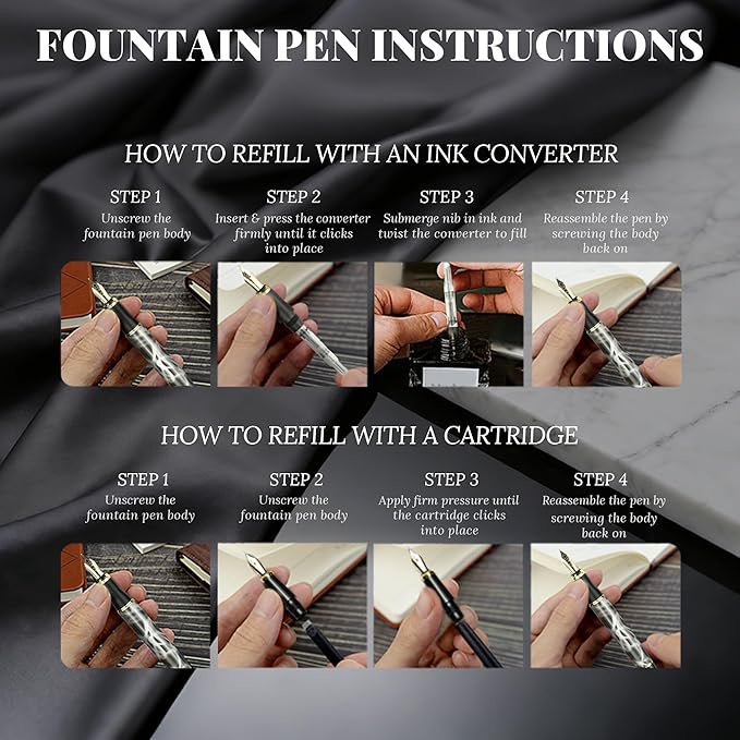 YUNCHUN Marble Fountain Pen for Writing, Refillable Luxury Metal Pens with Ink Pen with 10 Black and 10 Blue Ink Refills, Business Writing Fountain Pen for Men and Women, Marble Black & Red