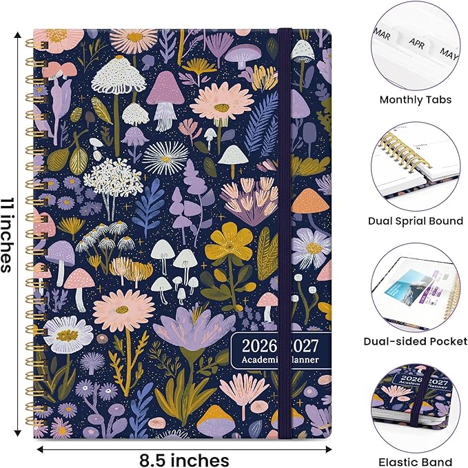 Planner 2026-2027, Hardcover Monthly and Weekly Academic Planner July 2026 - June 2027, Teacher and Student Calendar Agenda Book with Tabs, A4 (8.5" x 11"), Ideal for School and Office, Mushroom Garden