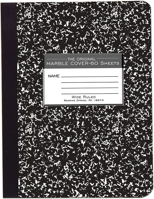 ROARING SPRING Hard Cover Composition Notebook, Black Marble Comp Book, 9.75″ x 7.5″, Wide-Ruled with Margin, 60 Sheets (120 Pages), Made in USA