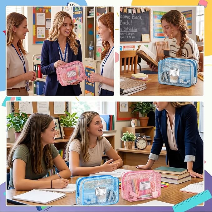 Suclain 12 Pcs Back to School Teacher Gift, Teacher Survival Kit Bag, Colorful Composition Book Zipper Cosmetic Pouches, Transparent PVC Pencil Case Waterproof Toiletry Makeup Bag for School Supplies