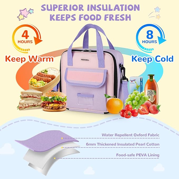 REDSHELL Tactical Lunch Box Kids, Large Insulated Lunch Bag for Girls, Cooler Lunchbag, Square Toddler Lunchbox, School Daycare Lunch Tote Pail with Water Bottle Holder Shoulder Strap, Purple