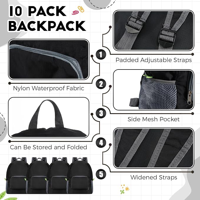 Jexine 10 Pcs Backpacks Bulk 16.5 Inches Lightweight Travel,Black | Basic Book Bags for School Outdoor, Foldable Storage, Ideal Students Adults Commuters, Bulk Backpack Set for Teams