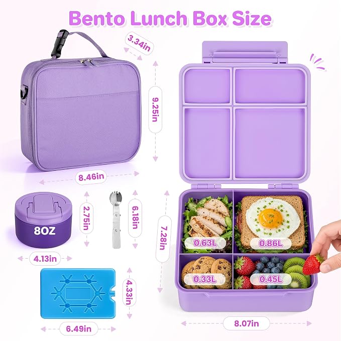 Bento Lunch Box with 8oz Soup Thermo,Kids Leakproof 4 Compartment Lunch Food Containers with Sauce Cup and Ice Pack,Kids Thermo Insulated Hot Food Jar and Lunch Bag for School,Trvael-Purple
