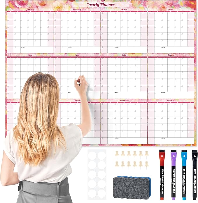 Ospelelf Undated Wall Calendar Dry Erase 12 Month, Large Laminated 2026 Calendar 36.6'' x 48'' Yearly Monthly Family Office Calendar
