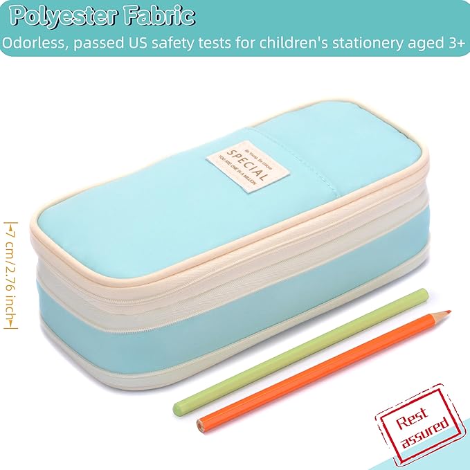 Large Capacity Big Special Cute Aesthetic Preppy Canvas Pencil Case Organizer Holder Pouch Bag with Zipper Compartments, Pen Cases for Women Girls School Adults (Sky Blue)