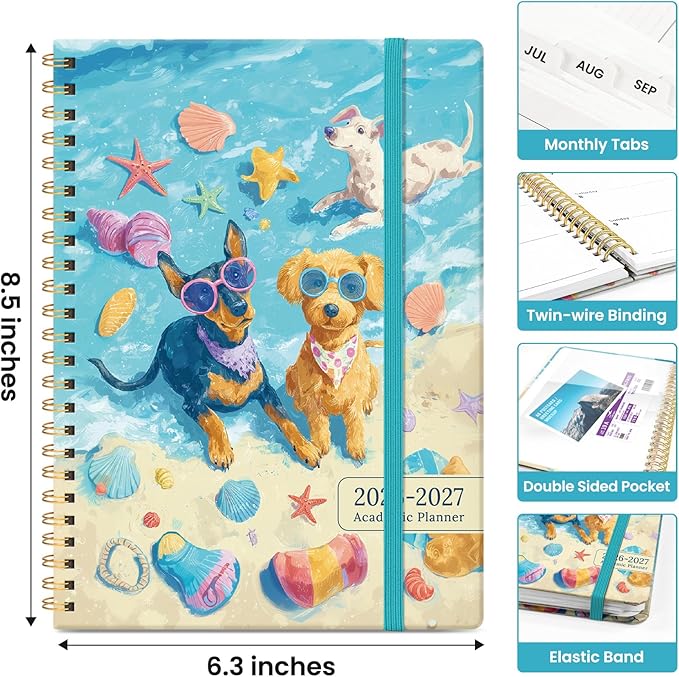 Planner 2026–2027, Academic Monthly Weekly Spiral Calendar, July 2026 – June 2027, Hardcover Agenda Notebook with Tabs, 6.3" x 8.5", Perfect for Students, Teachers, School & Daily Planning - Beach Pups