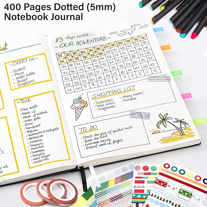Notebook Journal, Dotted Journal, 8.5" x 11", 400 Pages Dot Grid Notebook, No Bleed Thick Paper, Leather Journal for Bullet Journaling, Work, School, Notes, 125pcs Sticky Tabs, Inner Pocket, Green