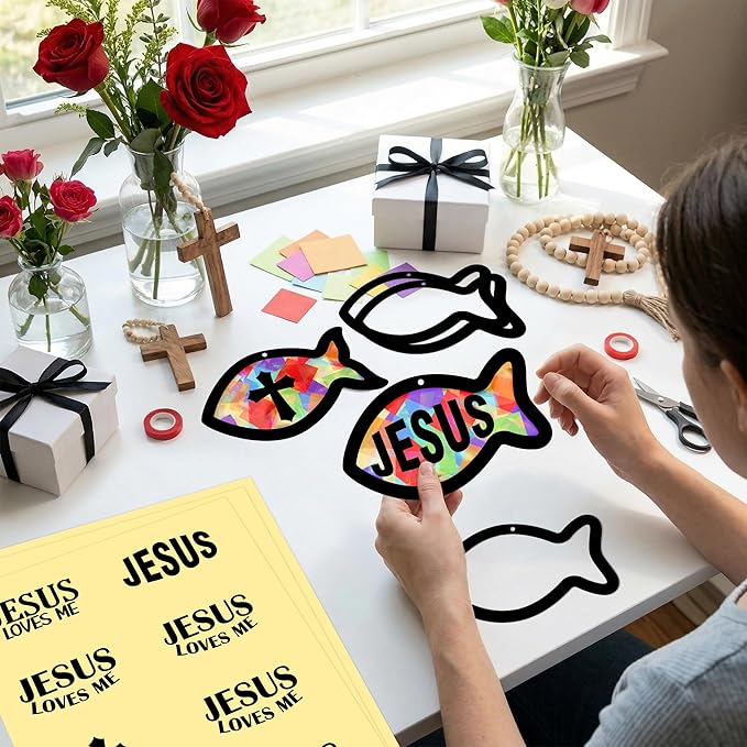 48PCS Sunday School VBS Crafts Bulk: Paper Jesus Fish Nativity Suncatchers, Religious Christian Activity DIY Kits Church Decorations, Window Stained Glass Effect Art Supplies