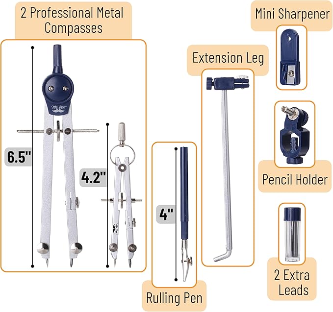 Mr. Pen- Professional Geometry Set, 7 pcs, Metal Compasses with Center Wheel & Extension Leg, Precision Drafting Kit with Storage Box for Geometry, Technical Drawing, Engineering & Architecture