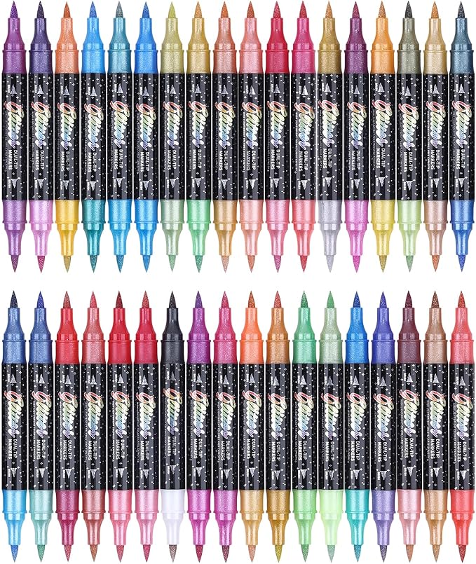 KEMYR Glitter Effect Brush Markers Pens,72 Colors Dual Tip Glitter Pens Set 36 Pack Metallic Sparkle Markers for Cards, DIY Crafts, Doodle, Writing, Adults Coloring Books, Art Supplies Scrapbooking