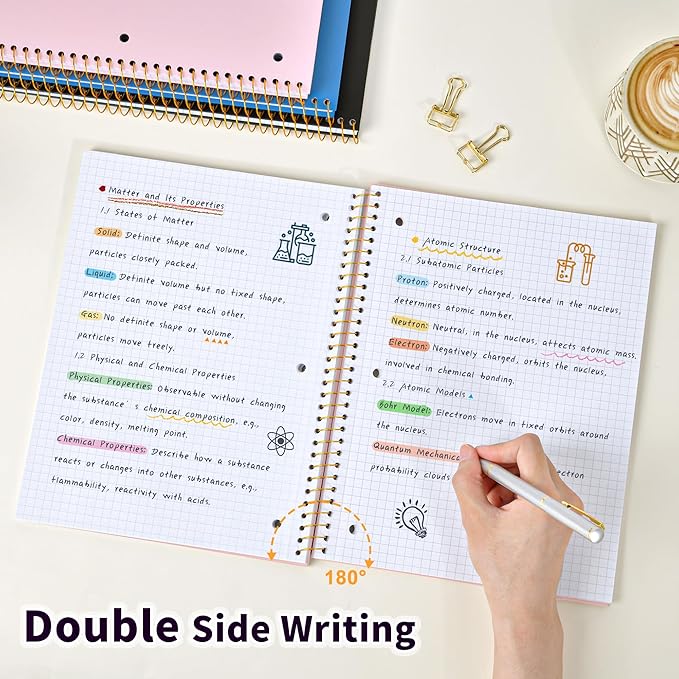 Spiral Notebook Graph Ruled Paper 8" x 10 1/2", 1 Subject Spiral Grid Notebook 3-Hole Punched Perforated Page Ideal for School, Office, Writing, 95 Sheets Lined Journaling Graphing Notebook, Pink