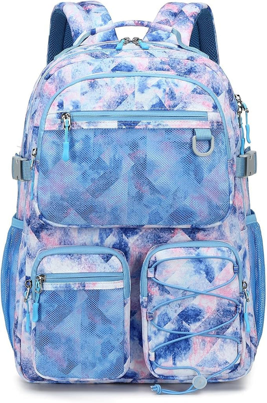 Lohol Multi-Pocket Backpack for School College Travel, Heavy Duty Big Bookbag with 15.6 inch Laptop Compartment (Blue Pink Tie-Dye