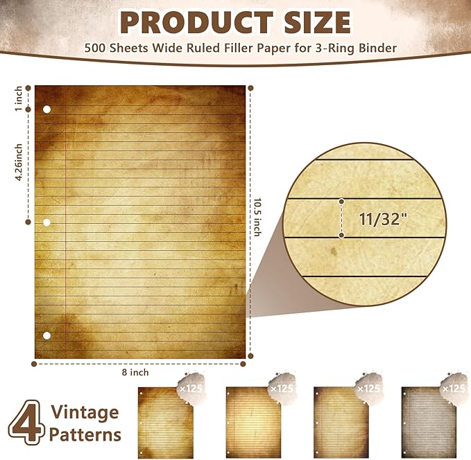 500 Sheets 8×10.5 Inch Colored Filler Paper Wide Ruled for 3-Ring Binder 11/32" Spacing Vintage Lined Filler Notebook Paper Wide Ruled Loose Leaf Paper 3-Hole Punched 80gsm for School Office