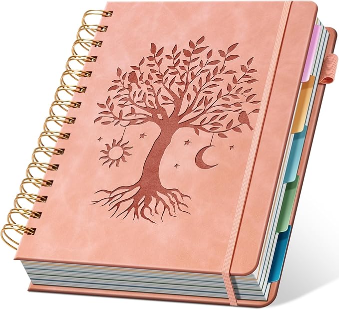Ovesmusl Hardcover Spiral Notebook 6.1" x 8.4" with 5 Removable Dividers 300 Pages Leather 5 Subject Notebook College Ruled 100GSM Large Spiral Notebooks for Work Thick Lined Journal for Women, Pink