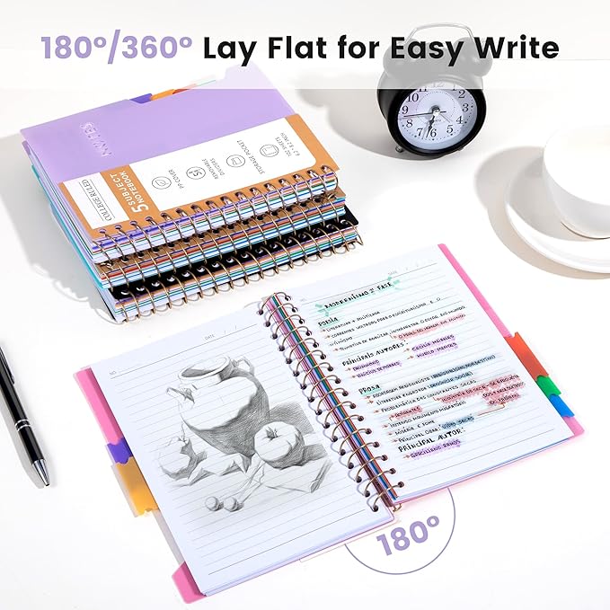 CAGIE Small Spiral Notebooks with Removable Dividers Tabs, 5 Subject Notebook College Ruled 6''×8'', A5 Notebooks for School Work with Plastic Cover, Back Pocket, Spiral Bound, Purple
