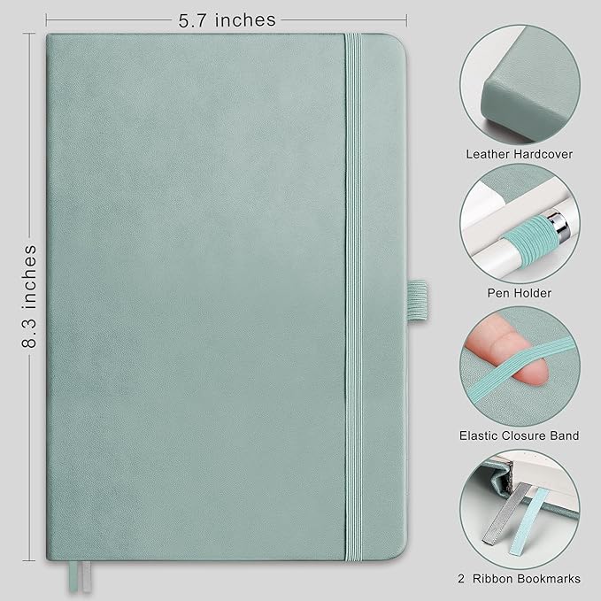 RETTACY Dotted Journal Notebook, 192 Pages, A5 Medium Size (5.7'' x 8.3''), Leather Hardcover, 100 GSM Thick Paper, for Journaling, Planning, Tracking (Blue-gray)