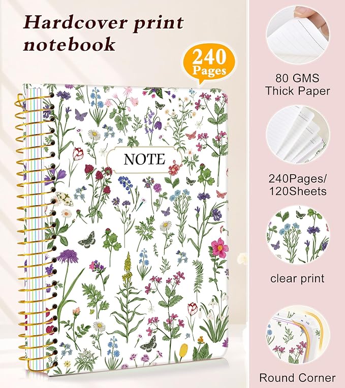 5 Subject Notebook College Ruled 240 Pages, A5(5.8"x8.3") Hardcover Spiral Notebook with Removable Dividers Tabs, Lined Spiral Journal Notebook for Women, Notebooks for Work School，whitespringflower