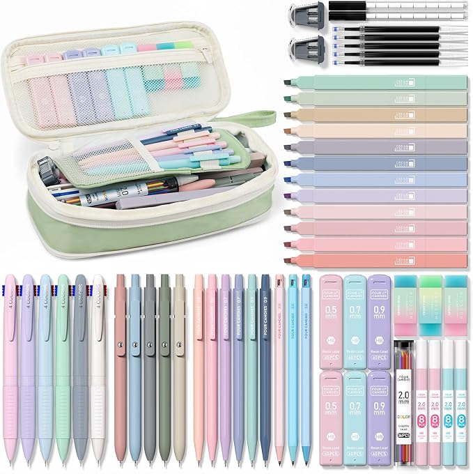 Four Candies 56PCS School Supplies with Pencil Case, Stationery Set, Green | 6 Multicolor Pens, 12 Pastel Highlighters, 5 Gel Pens, 9 Mechanical Pencils, Back to School, College Essentials for Students