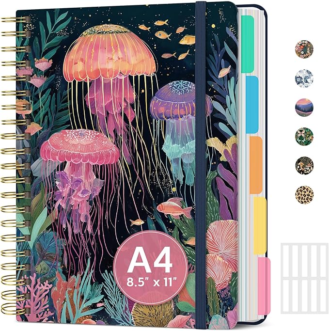 Large Spiral Notebook with Dividers & Tabs, 8.5" x 11" Hardcover 5 Subject Notebook for Work, 280 Pages, College Ruled, Cute Journal for Women, Perfect for Study & Office Note Taking, Jellyfish