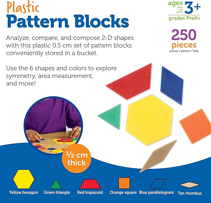 Learning Resources Plastic Pattern Blocks 250 Set - Classroom Must Haves, Math Teaching Tools, Homeschool Supplies, Math Manipulatives