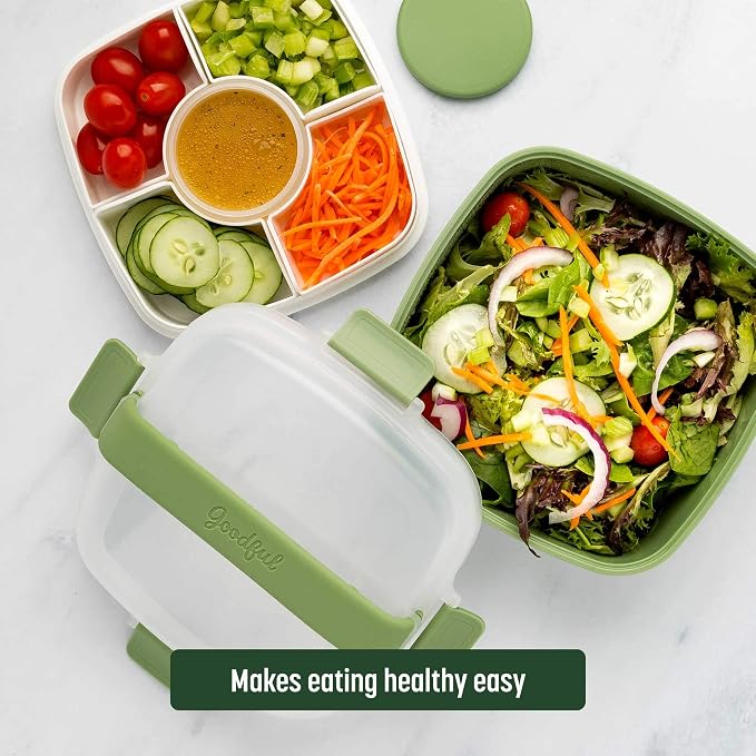 Goodful Stackable Lunch Box Container, Bento Style Food Storage with Removeable Compartments for Sandwich, Snacks, Toppings & Dressing, Leak-Proof and Made without BPA, 56-Ounce, Sage (Pack of 12)