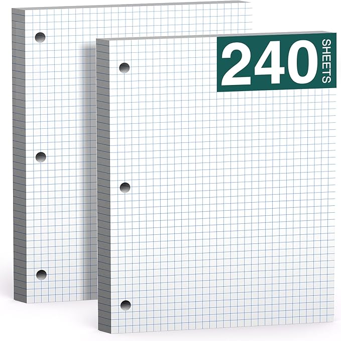 Loose Leaf Graph Paper Notebook 8 X 10.5, 240 Sheets Graphing Paper，3 Hole Punched，4x4 Quad Ruled Grid Notebook Paper, 10-1/2" X 8 Binder Filler Paper For, Engineering, Office, School