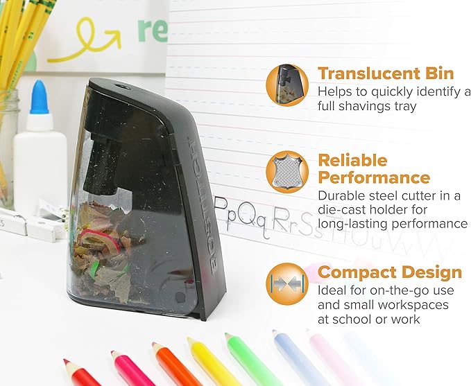 Bostitch Office Battery Pencil Sharpener, Hinged Tray, Colored Pencil Compatible, Black