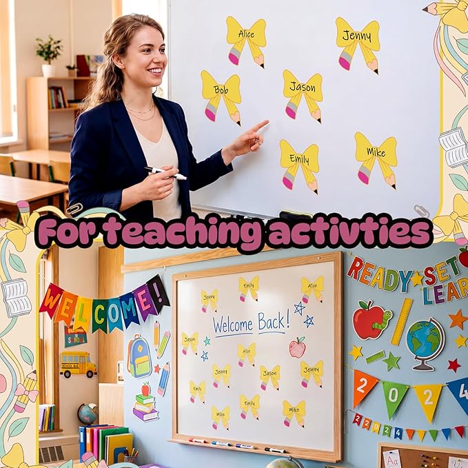 Crtiin 42 Pcs Back to School Bow Magnetic Name Tags Set for Lockers 4 Inch Pencil Design Bow Dry Erase Label Magnetic Reusable Name Tags for First Day of School Whiteboard Classroom Decor Party Supply