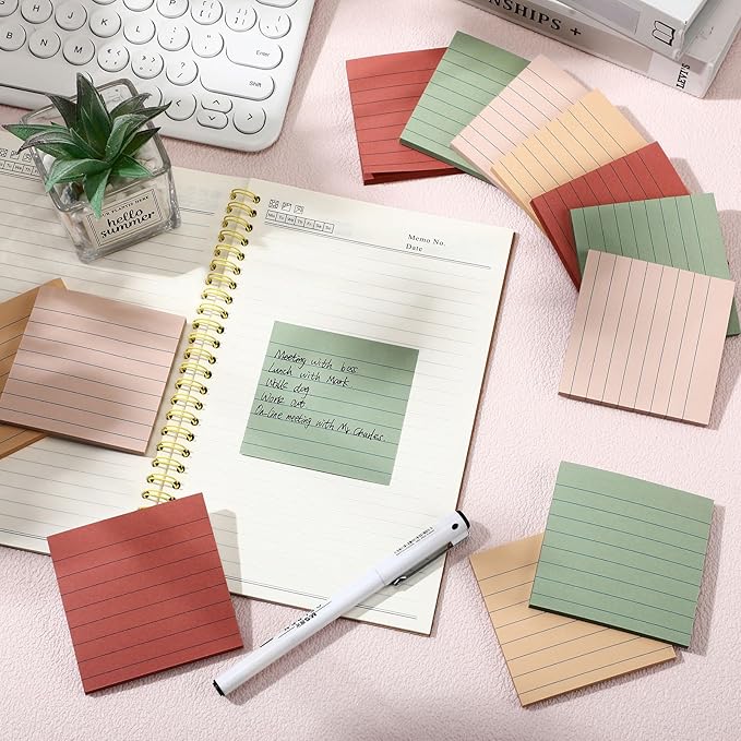AmazingSpark 12 Pack Vintage Lined Sticky Notes 3x3 inch Post Ruled Stickies Super Self Stick Power Memo Pads Multi Colors Notes Pads Vintage Aesthetic School Office Supplies Accessories