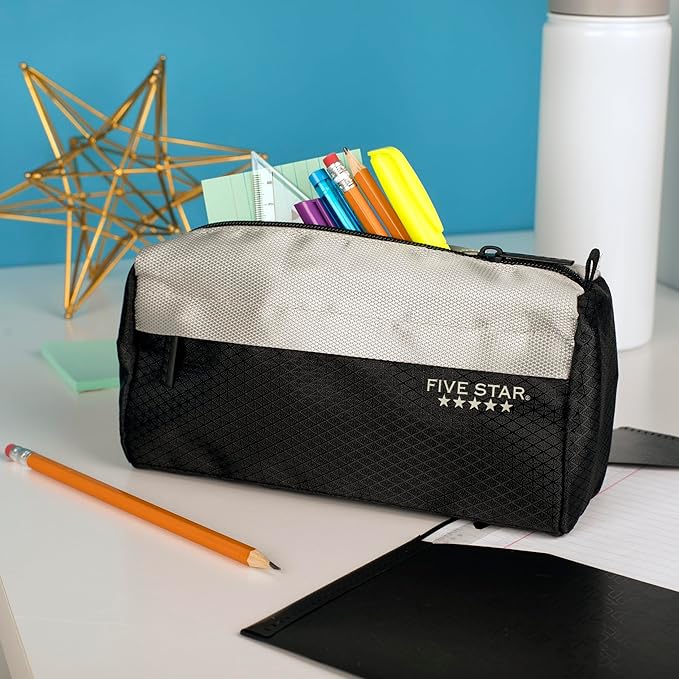 Five Star Pencil Pouch, Pen Case, 9-Pocket Zipper Pouch, Storage Organizer for School Supplies Earbuds Chargers Cables Makeup, Black/Grey (505600A-ECM) (Pack of 12)