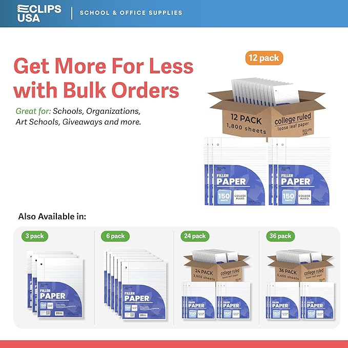 Loose Leaf Paper College Ruled Notebook Paper College Ruled Lined Paper Writing Paper Filler 10.5” x 8” 1800 Sheets 150 Sheets Per Pack 60 gsm (12 Pack)
