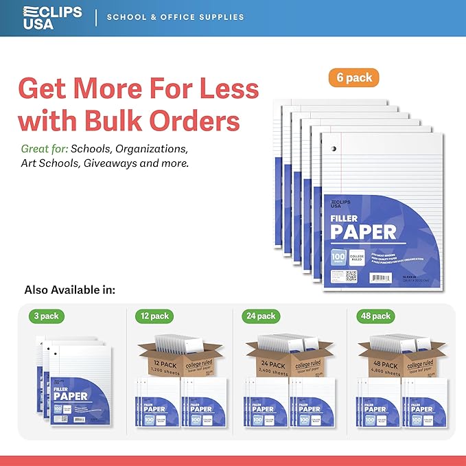 Loose Leaf Paper College Ruled Notebook Paper College Ruled Lined Paper Writing Paper Filler 10.5” x 8” 600 Sheets 100 Sheets Per Pack 60 gsm (6 Pack)