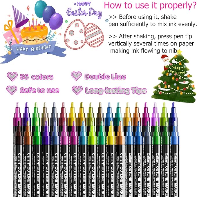 Caliart 36 Colors Outline Markers Shimmer Glitter Pens, Doodling Marker Set for Adults Artists, Cool Fun Craft Drawing Art Supplies
