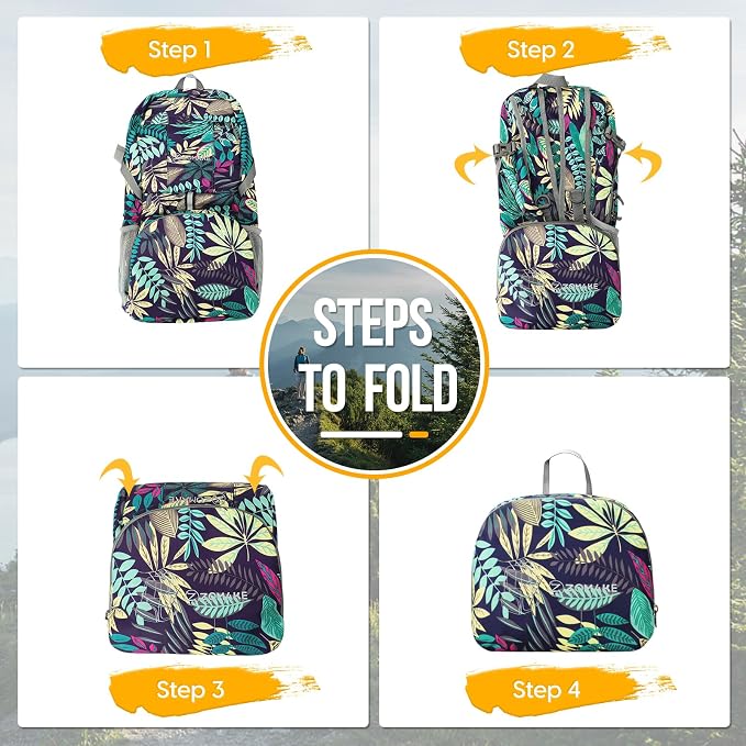 ZOMAKE Lightweight Packable Backpack 35L, Water Resistant Foldable Day Pack | Collapsible Hiking Backpacks, Compact Folding Daypack for Travel Camping, Everyday Carry, Multi-Pocket Layout(Leaf Print)
