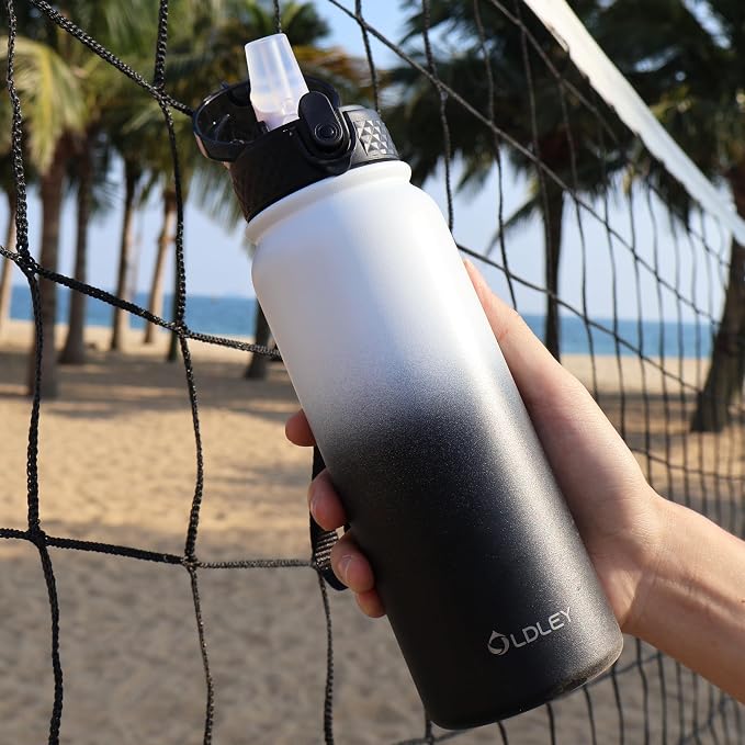 Oldley Insulated Water Bottle 20oz Water Bottles with Straw, Stainless Steel Water Bottle with 3 Lids, Double Wall Vacuum Thermo for Adults Kids,Leak-Proof Sport Bottles for School Travel, White Black