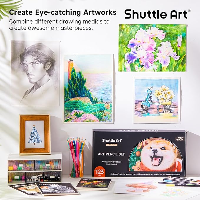 Shuttle Art Professional Drawing Kit, 123 Pieces of Drawing Pencils Set Includes Colouring Pencils, Watercolor, Charcoal, Graphite and Sketch, Ideal for Adults Children Artists