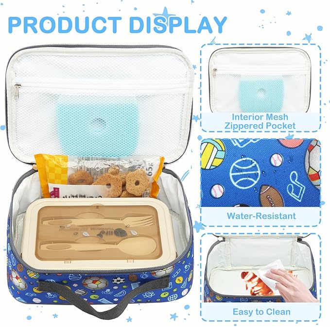 FlowFly Kids Lunch box Insulated Soft Bag Mini Cooler Back to School Thermal Meal Tote Kit for Girls, Boys,football