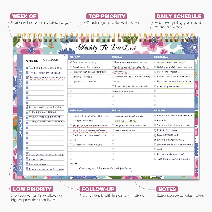 Weekly To Do List Notepad with 52 Undated Sheets（8.5"×11"）- Weekly Desk Planner for Women & Man, Work and Home - Bright Garden